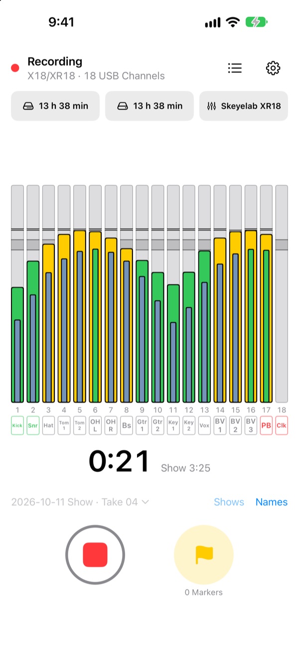 ShowRecorder on iPhone during a Take: 18 colored level meters labeled from the mixer, a Take timer at 0:21 and the stop and Marker buttons.