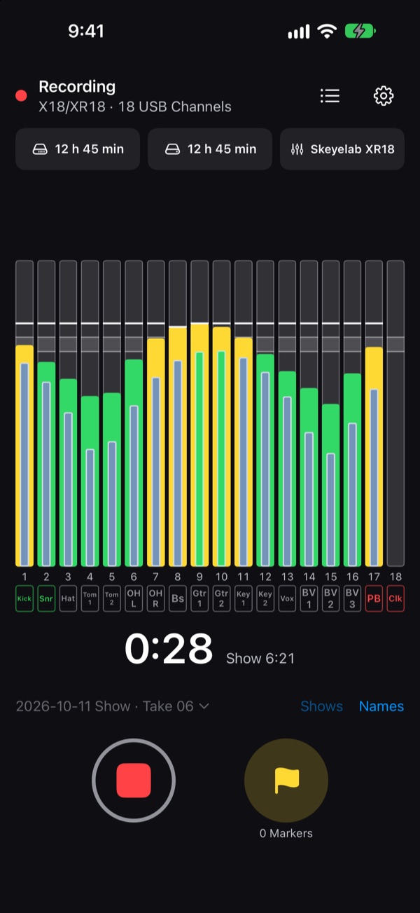 ShowRecorder on iPhone during a Take: 18 colored level meters labeled from the mixer, a Take timer at 0:28 and the stop and Marker buttons.