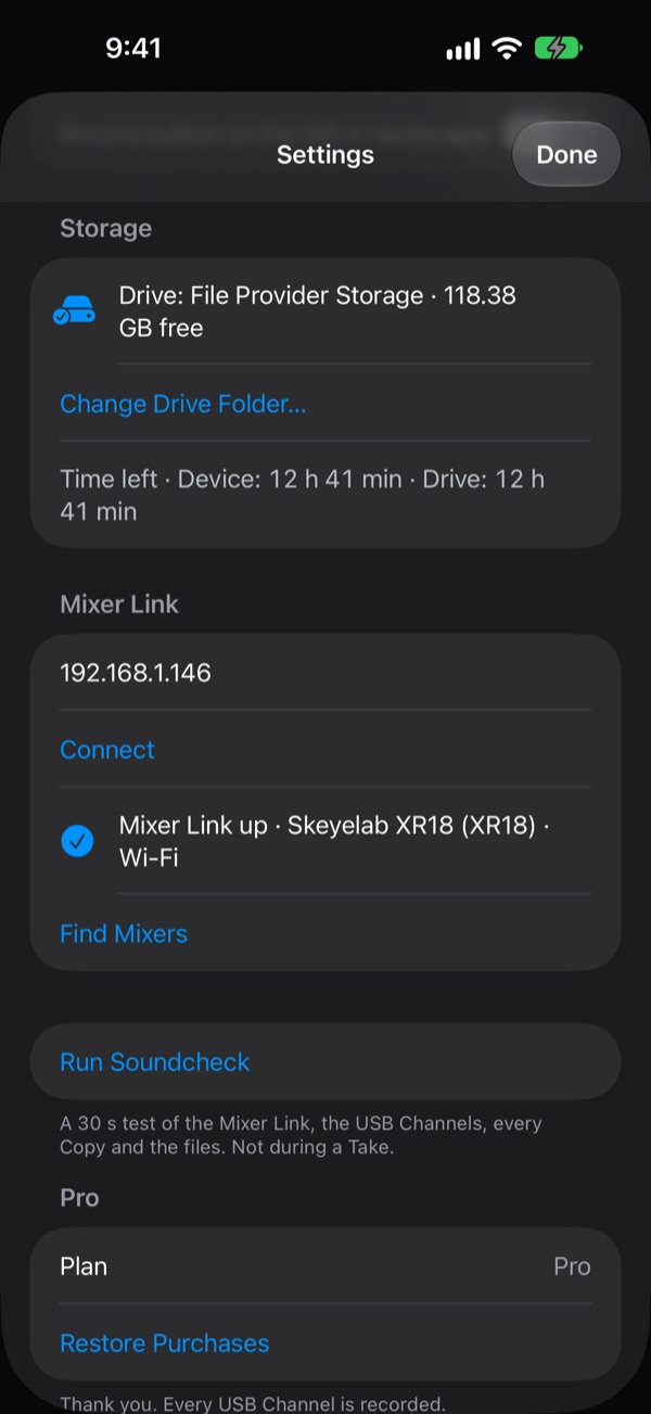 Settings showing the Drive with 118 GB free, the recording time left on the Device and the Drive, and the Mixer Link up to "Skeyelab XR18" over Wi-Fi, with a Find Mixers button.